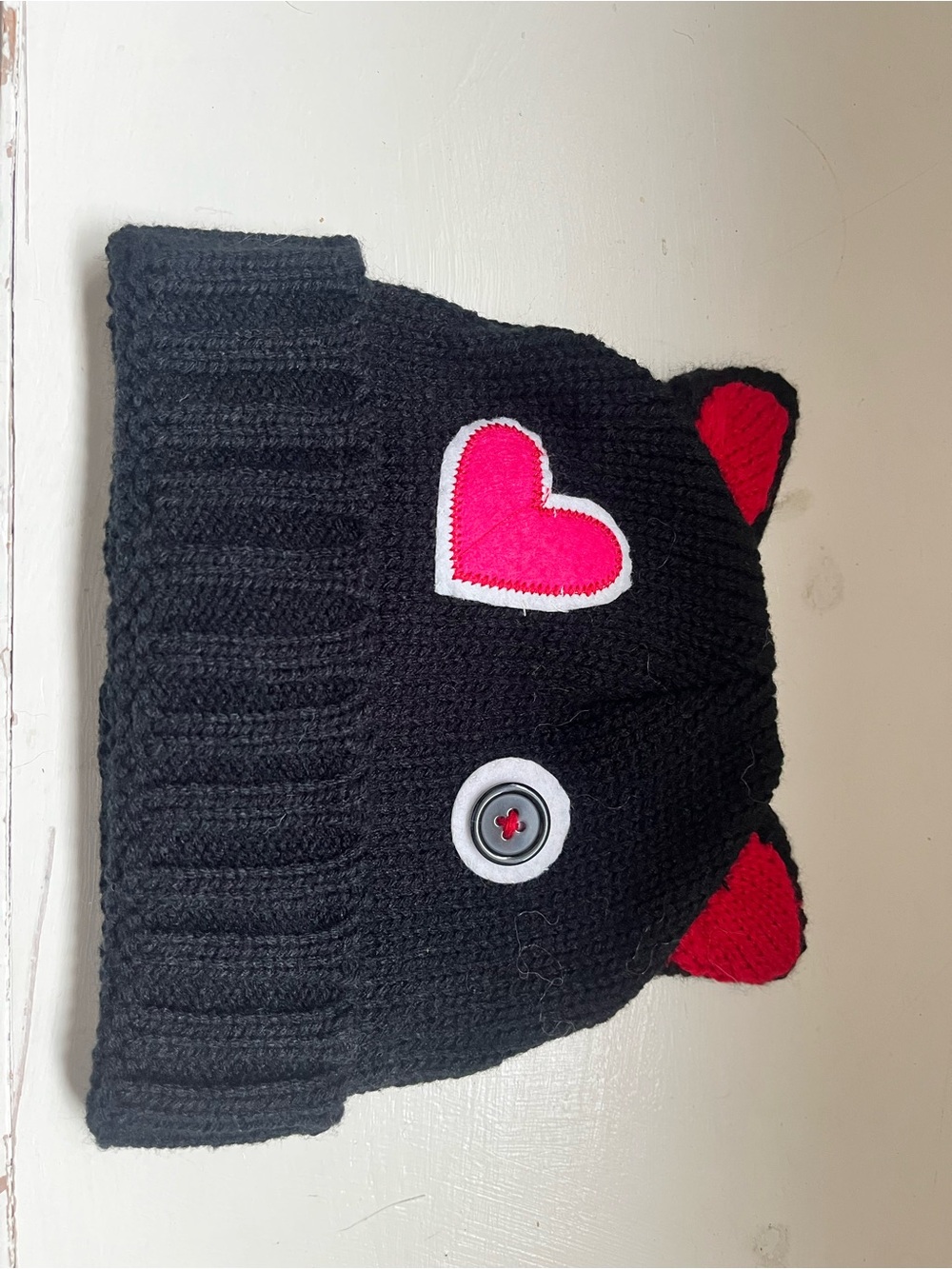 Black Kids Knit Beanie with Pink Heart Patch